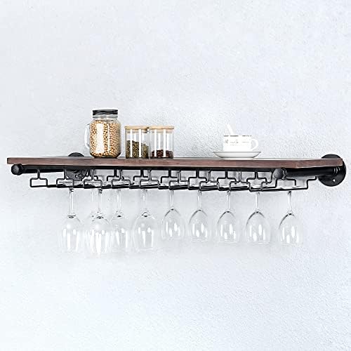  Industrial Pipe Shelving Hanging Stemware Racks,Rustic Wall Mounted Wine Rack With 8 Glass Holder,Steampunk Iron Floating Bar Shelves Stemware Holder,36in Metal Real Wood Shelf Wall Shelf