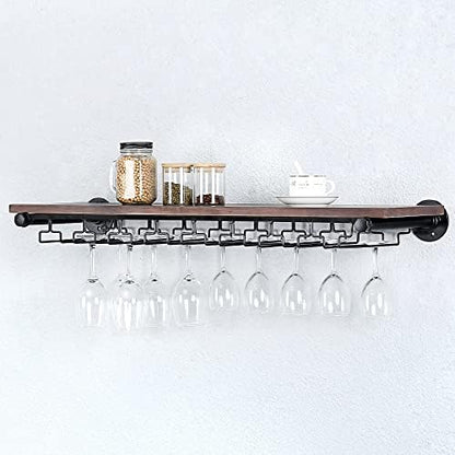  Industrial Pipe Shelving Hanging Stemware Racks,Rustic Wall Mounted Wine Rack With 8 Glass Holder,Steampunk Iron Floating Bar Shelves Stemware Holder,36in Metal Real Wood Shelf Wall Shelf