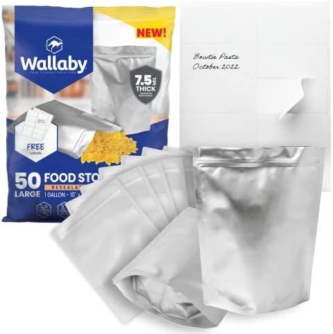  50x Wallaby 1-Quart Gusset Mylar Bag Bundle - (6 Mil - 7" X 10") Stand-Up Zipper Pouches + 50x Labels - Heat Sealable, Food Safe, & Reliable Long Term-Food Storage Solutions - Silver