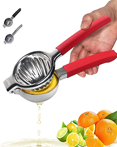  Extra Large Lemon Squeezer Stainless Steel - Premium Heavy Duty Lemon Juicer Hand With Food Grade Silicone Handle, Ergonomic Manual Citrus Juicer With Solid Metal Squeezer Bowl (Red)