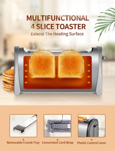  Long Slot Toaster 4 Slice, Stainless Steel Retro Toasters Best Rated Prime With 1.25" Extra Wide Slot And Defrost/Reheat/Cancel Function/6 Browning Settings/Removable Crumb Tray/Evenly Toasting, 1300W