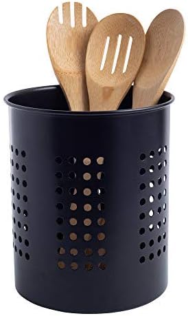  Stainless Steel Kitchen Utensil Holder - Crock Organizer Caddy - Great For Large Cooking Tools (6.3" Diameter X 7"H, Black With Holes Design)