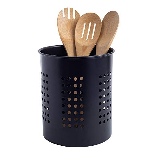  Stainless Steel Kitchen Utensil Holder - Crock Organizer Caddy - Great For Large Cooking Tools (6.3" Diameter X 7"H, Black With Holes Design)