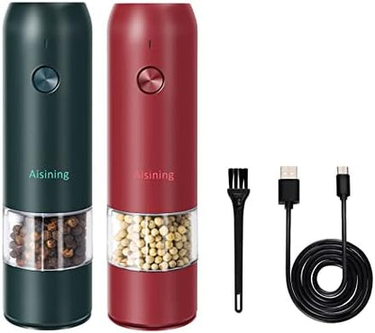  Electric Salt And Pepper Grinder, Salt And Pepper Mill Set Automatic Pepper Grinder With USB C Rechargeable, One-Handed Operation, Adjustable Coarseness, LED Light, Green