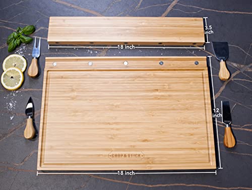  HOP & STICK Cutting Board And Cheese Knife Set With Magnetic Knife Holder - XXL 18'' X 12'' X 1'' Inch Bamboo Charcuterie Board Set, Multifunctional Board