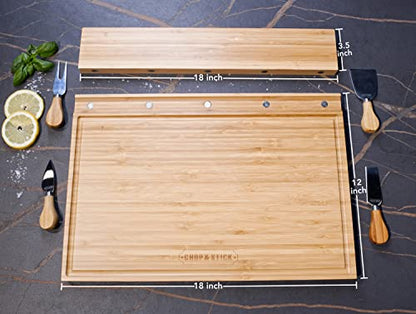  HOP & STICK Cutting Board And Cheese Knife Set With Magnetic Knife Holder - XXL 18'' X 12'' X 1'' Inch Bamboo Charcuterie Board Set, Multifunctional Board