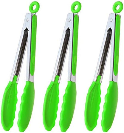  9-Inch Stainless Steel Cooking Tongs With Silicone Tips, Set Of 3 (Black)