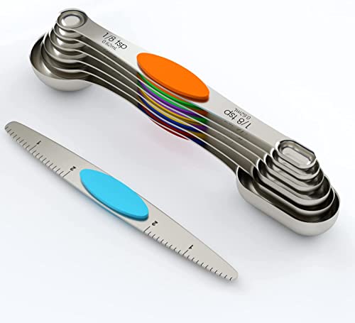  Magnetic Measuring Spoons Set,18/8 Stainless Steel With Upgraded Extend Handle, Dual Sided, Stackable, Adjustable Teaspoon And Tablespoon Kitchen Gadgets Set Of 7