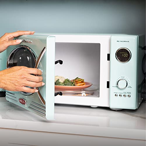  Retro Countertop Microwave Oven, 0.9 Cu. Ft. 800-Watts With LED Digital Display, Child Lock, Easy Clean Interior, Cu.Ft, Aqua & Nostalgia Classic 4-Slice Wide Slot Toaster, Aqua