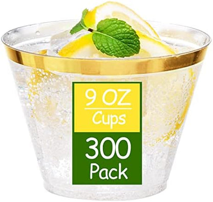  300PCS Gold Plastic Cups - 9Oz Heavy Duty Plastic Cups - Gold Rimmed Plastic Cups - Disposable Clear Plastic Cups With Gold Rim For Party & Wedding