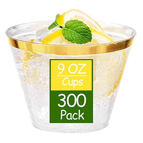  300PCS Gold Plastic Cups - 9Oz Heavy Duty Plastic Cups - Gold Rimmed Plastic Cups - Disposable Clear Plastic Cups With Gold Rim For Party & Wedding