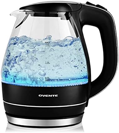  Vente Portable Electric Glass Kettle 1.5 Liter With Blue LED Light And Stainless Steel Base, Fast Heating Countertop Tea Maker Hot Water Boiler With Auto Shut-Off & Boil Dry Protection (Black)