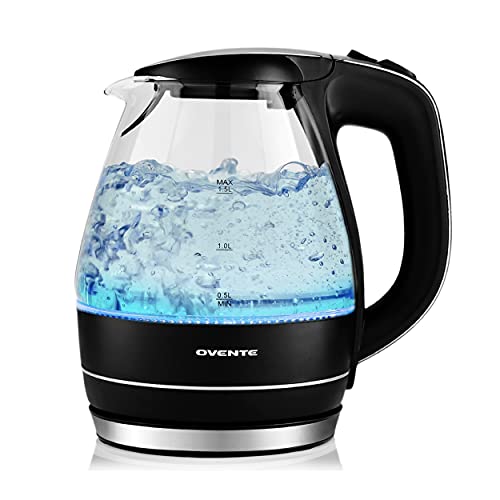  Vente Portable Electric Glass Kettle 1.5 Liter With Blue LED Light And Stainless Steel Base, Fast Heating Countertop Tea Maker Hot Water Boiler With Auto Shut-Off & Boil Dry Protection (Black)