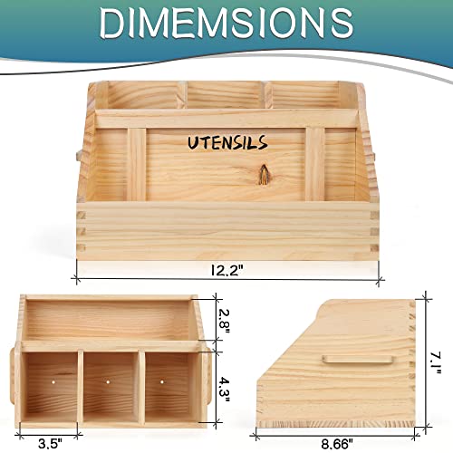  Kitchen Utensil Holder For Countertop With 4 Compartments, Utensil Holder Kitchen Utensil Organizer With Handles, Wood Utensil Holder For Home Decor (Utensil Not Included)