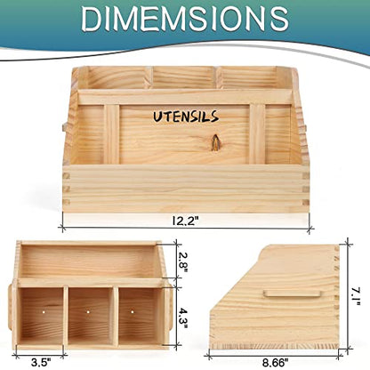  Kitchen Utensil Holder For Countertop With 4 Compartments, Utensil Holder Kitchen Utensil Organizer With Handles, Wood Utensil Holder For Home Decor (Utensil Not Included)