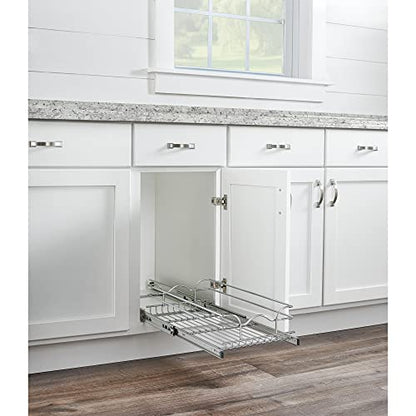  Rev-A-Shelf 5WB1-0918CR-1 8.5 X 18 Inch Single Wire Pull Out Shelf Storage Basket Organizer W/100lb Weight Capacity For Kitchen Base Cabinets, Silver