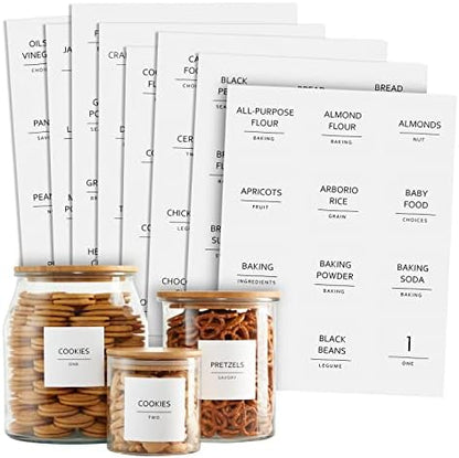  144 Pantry Labels For Containers, Food Storage, Preprinted Black All Caps Fine Line On Matte White Vinyl Stickers + Numbers For Minimalist Style Kitchen