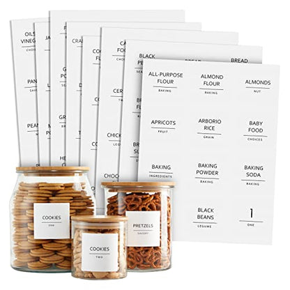  144 Pantry Labels For Containers, Food Storage, Preprinted Black All Caps Fine Line On Matte White Vinyl Stickers + Numbers For Minimalist Style Kitchen