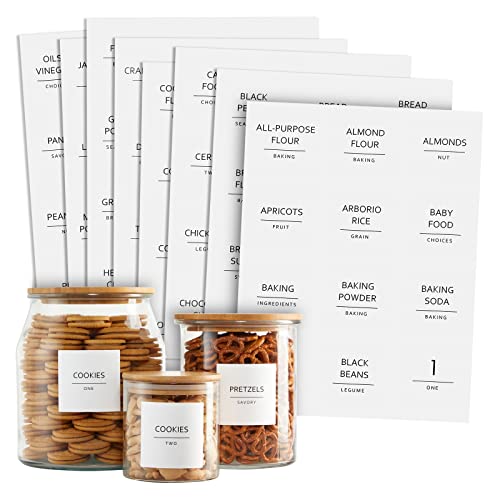  144 Pantry Labels For Containers, Food Storage, Preprinted Black All Caps Fine Line On Matte White Vinyl Stickers + Numbers For Minimalist Style Kitchen