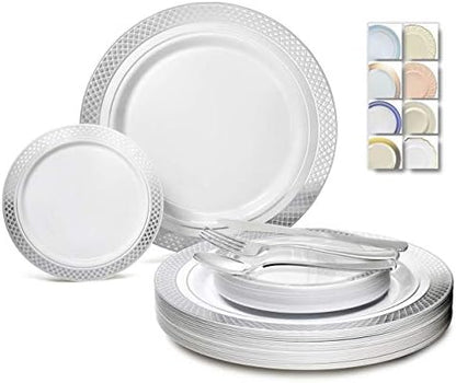  " OCCASIONS " 600 Pcs Set & 120 Guest Wedding Disposable Plastic Plate & Silverware Combo Set (White & Silver Rim Plates, Silver Silverware)