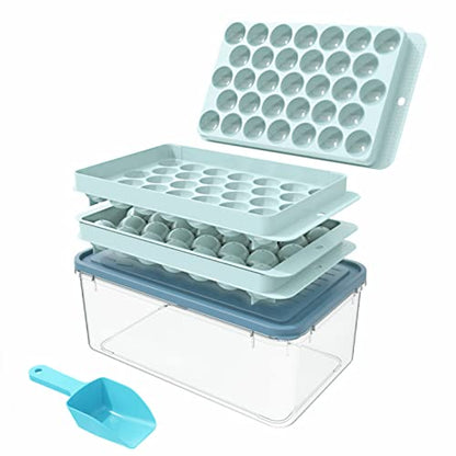  Ice Cube Tray, Circle Ball Ice Trays For Freezer With Lid & Bin, Circle Ice Mold Making 66 X 1.0IN Small Ice Balls,Sphere Ice Makers With Ice Buckets Tongs & Scoop (Blue)
