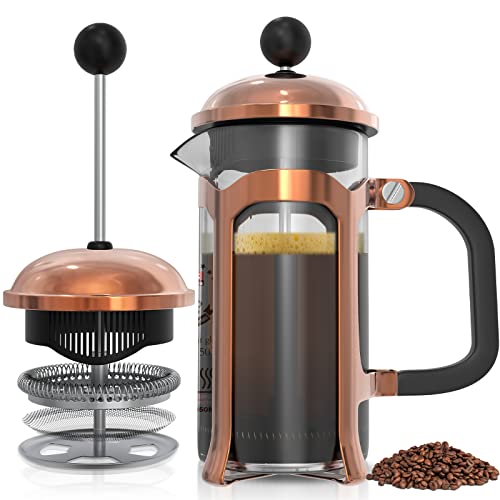  French Press Coffee Maker, Stainless Steel Small French Press 12 Oz Glass 4 Level Filtration System, Durable Heat Resistant Borosilicate Coffee Presser Single Cup