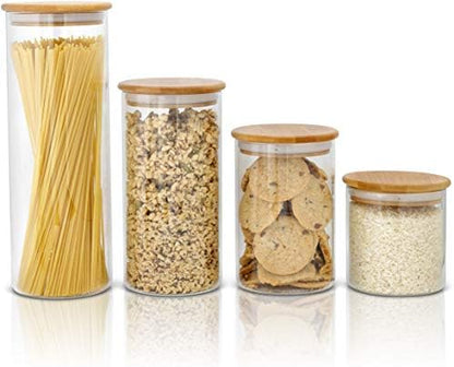  Glass Container With Lid, Bamboo Top (2.2 L) - Dry Food Storage Pasta Container Kitchen Canister For Bow Tie Pasta, Spaghetti, Macaroni, Rotini, Egg Noodles, Cookies, Candy, Flour