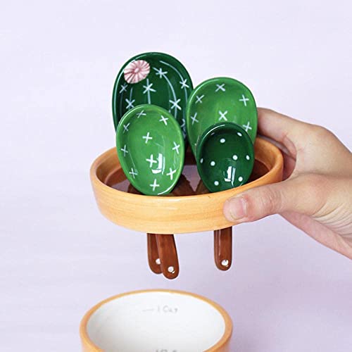  Ceramic Cactus Measuring Spoons And Cups, Cute Measuring Spoons Set In Pot, Cactus Shape Kitchen Decor Small Measuring Spoons (Green)