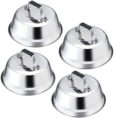  Melting Dome Lid Set Of 4, Leonyo 9" Professional Stainless Steel Griddle Accessories, Durable Basting Steaming Cover For Teppanyaki Flat Top Griddle Grill, Rivets Handle, Hamburger Bacon Cheese Steak