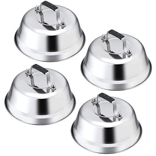  Melting Dome Lid Set Of 4, Leonyo 9" Professional Stainless Steel Griddle Accessories, Durable Basting Steaming Cover For Teppanyaki Flat Top Griddle Grill, Rivets Handle, Hamburger Bacon Cheese Steak