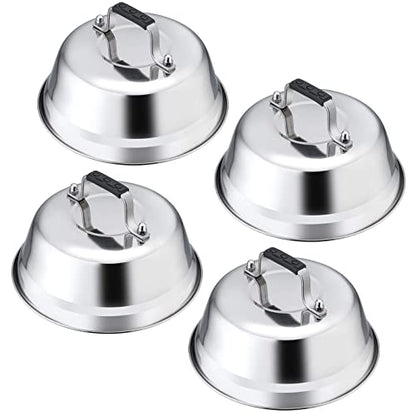  Melting Dome Lid Set Of 4, Leonyo 9" Professional Stainless Steel Griddle Accessories, Durable Basting Steaming Cover For Teppanyaki Flat Top Griddle Grill, Rivets Handle, Hamburger Bacon Cheese Steak