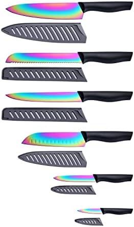  DISHWASHER SAFE Kitchen Knife Set, Marco Almond® KYA37 12-Piece Rainbow Titanium Stainless Steel Boxed Knives Set For Kitchen With Sheath, 6 Knives With 6 Blade Guards, Teal