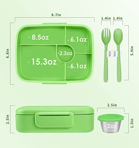  Bento Lunch Box, 5 Compartments Lunch Container For Kids & Adults With Snack Cup, Wheat Fiber Eco-Friendly Double Insulated Boxes, Dishwasher And Microwave Safe, BPA-Free (green)