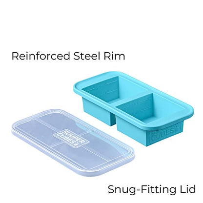  2-Cup Extra-Large Silicone Freezer Tray With Lid- 2 Pack - Makes 4 Perfect 2 Cup Portions - Freeze Soup, Stew, Sauce, Or Meals (2 Cup Tray, Aqua Color, Pack Of 2, With Lids)