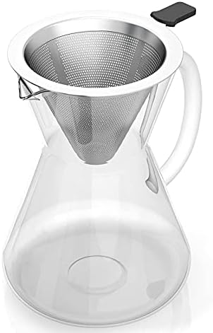  LEZIP Pour Over Coffee Maker Set With Reusable Stainless Steel Drip Filter Elegant Coffee Dripper Pot Glass Carafe & Permanent Stainless Steel Filter