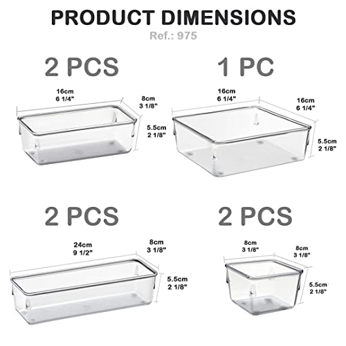 Desk Drawer Organizer Box Tray Storage Bins Modular Divider For Home, Kitchen, Office And Storage (Clear Crystal Plastic) (7 Pack - 4 Sizes)