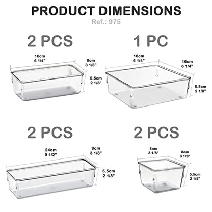  Desk Drawer Organizer Box Tray Storage Bins Modular Divider For Home, Kitchen, Office And Storage (Clear Crystal Plastic) (7 Pack - 4 Sizes)