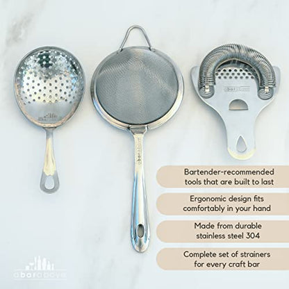  Cocktail Strainer Set – 3 Piece Stainless Steel Bar Strainer Set (Hawthorne Strainer, Julep Strainer & Fine Mesh Strainer) - Durable Bar Tools – Ergonomic Bar, Home Strainers For Kitchen