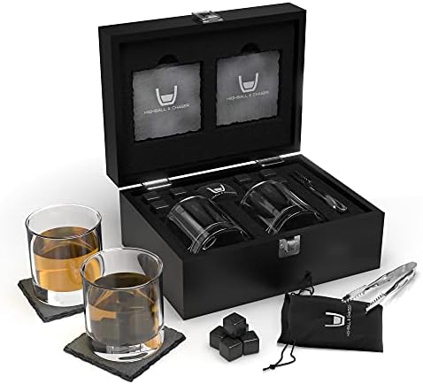  Whiskey Stones Gift Set For Men, Guys, Husband, Fathers Set Of 2 10oz Whiskey Rocks Glasses, 8 Granite Chilling Rocks, 2 Slate Coasters, Stylish Durable Black Wooden Gift Box (Sword Glass)