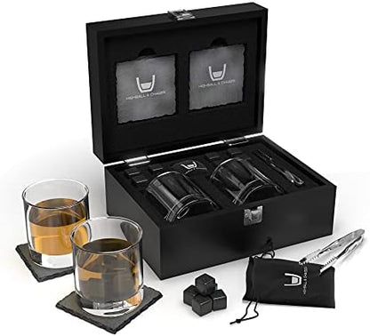  Whiskey Stones Gift Set For Men, Guys, Husband, Fathers Set Of 2 10oz Whiskey Rocks Glasses, 8 Granite Chilling Rocks, 2 Slate Coasters, Stylish Durable Black Wooden Gift Box (Sword Glass)