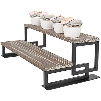  2-Tier Torched Wood And Metal Dessert Display Riser