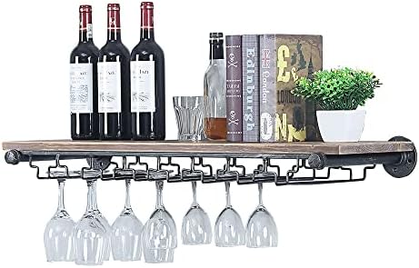  Industrial Pipe Shelving Hanging Stemware Racks,Rustic Wall Mounted Wine Rack With 8 Glass Holder,Steampunk Iron Floating Bar Shelves Stemware Holder,36in Metal Real Wood Shelf Wall Shelf