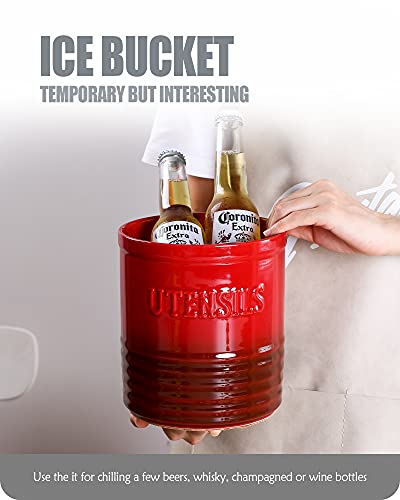  Kitchen Utensil Holder, Ceramic Utensil Crock Organizer For Countertop, H 7"x W6" Large Cooking Utensil Holder With Anti-slip Cork Bottom For Home Décor, Christmas Red