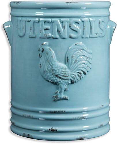  Kitchen Utensil Holder For Countertop - Large 7” Rustic Ceramic Utensil Crock - Dishwasher-Friendly Rooster Cooking Utensil Organizer Caddy For Farmhouse Kitchen Decor .red