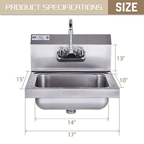  Tainless Steel Sink For Washing With Faucet, NSF Commercial Wall Mount Hand Basin For Restaurant, Kitchen And Home, 17 X 15 Inches
