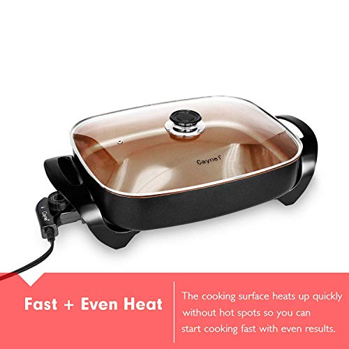  Aynel Professional Non-stick Copper Electric Skillet Jumbo, Deep Dish With Tempered Glass Vented Lid, Upgrade Thermostat, 16”x 12”x 3.15”- 8 Quart (Black-1)