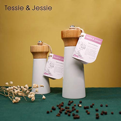  Salt And Pepper Grinders White Salt Shaker Wooden Pepper Salt Grinder Set Pepper Mill - Stainless Ceramic Refillable For Sea Salt Black Pepper - 5" And 6" Christmas Gift Set By Tessïe & Jessïe