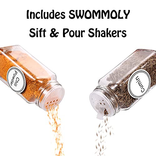  SWOMMOLY Spice Rack Organizer With 32 Empty Square Glass Spice Jars, 386 White Spice Labels With Chalk Marker And Funnel Complete Set, Seasoning Organizer For Countertop, Cabinet Or Wall Mount