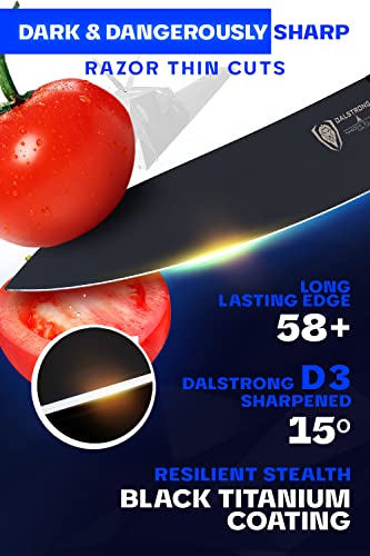  Chef Knife - 8 Inch - Shadow Black Series - Black Titanium Nitride Coated - Razor Sharp Kitchen Knife - High Carbon 7CR17MOV-X Vacuum Treated Steel - Sheath - NSF Certified