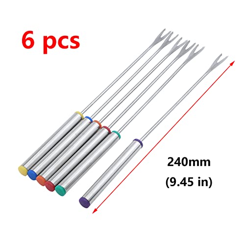  6 Pack Stainless Steel Fondue Forks, Barbecue Color Coding Cheese Fondue Forks For Chocolate Fountain Cheese Fondue Roast Marshmallows, 9.4 Inch With Heat Resistant Handle